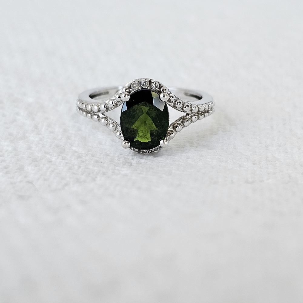 Natural Moldavite & Diamond Sterling Silver Ring Size 7!